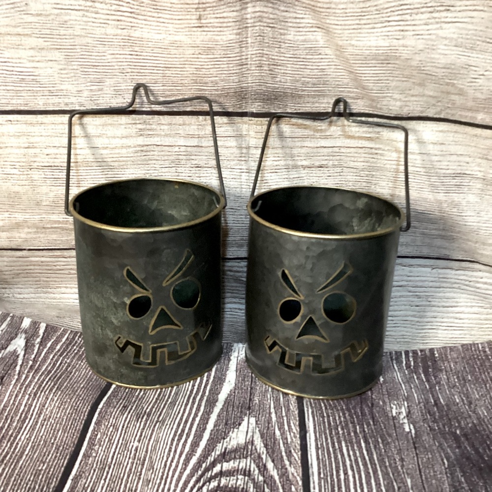 Set 2 Primitive Look Small Metal Buckets, Mean Pumpkin Faces, 4.5” Tall, Decor